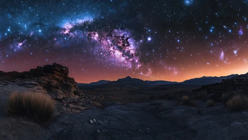 Rocky desert foreground under dense Milky Way arc at dusk.