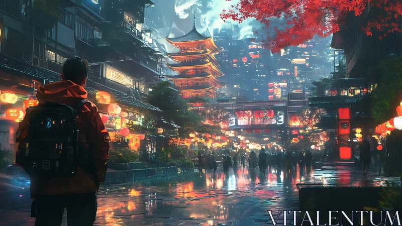 Neon rain stitches the lone traveler into a glowing temple street