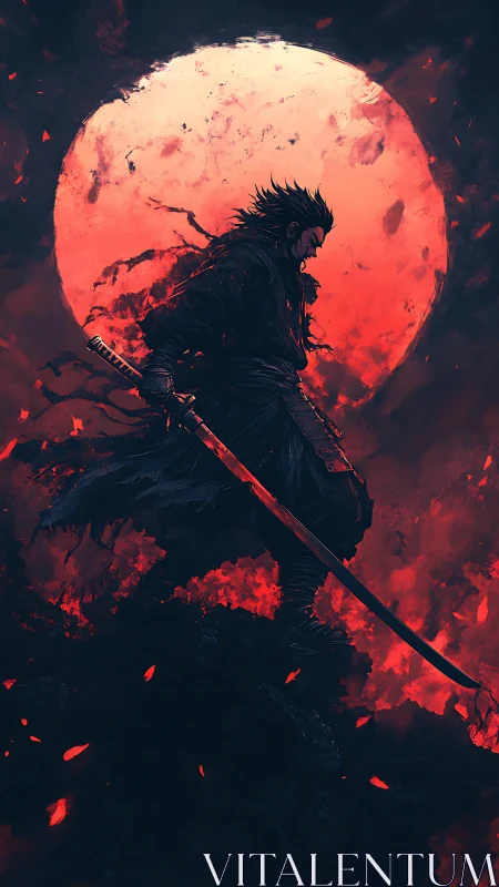Lone samurai silhouette under burning blood-red moon.