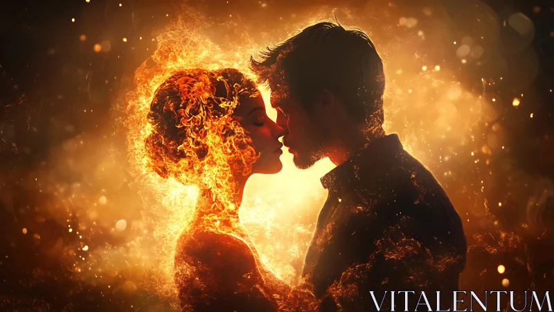 Silhouetted Couple with Radiant Fire Profile Double Exposure Effect.