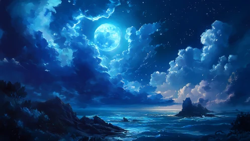 Moonlit ocean storm reveals glowing clouds and jagged coast.