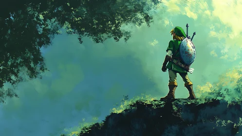 Lone forest hero gazes into a bright, mysterious horizon