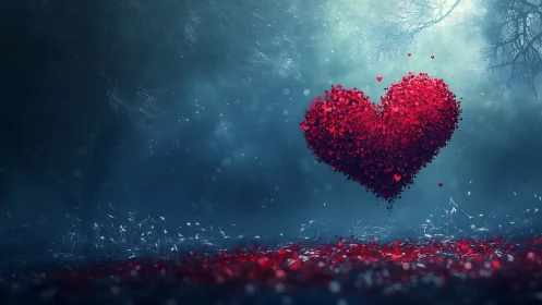 Composite Heart Form Constructed from Red Particles in Atmospheric Setting