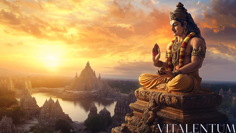 Divine sandstone deity above river temples at radiant sunset.