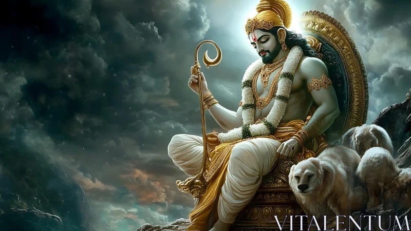 Divine regal figure seated with celestial hounds in stormlight