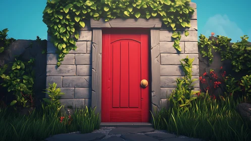 Crimson Gateway: Where Stone Embraces Emerald Dreams.