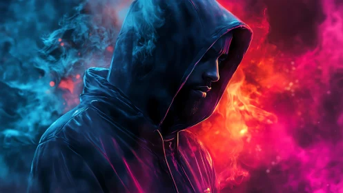 Hooded figure divides neon fire and ice smoke. Period.