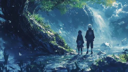 Quiet anime friends sharing a dreamy forest waterfall walk.