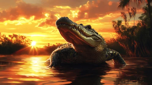 Photoreal alligator emerging in golden sunset wetland water