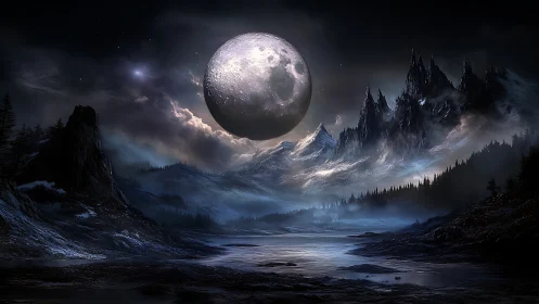 Digital painting of lunar-lit glacial valley and jagged peaks.