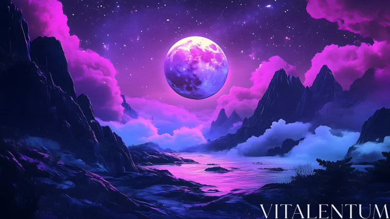 Purple moon dominates neon-lit alien mountain seascape