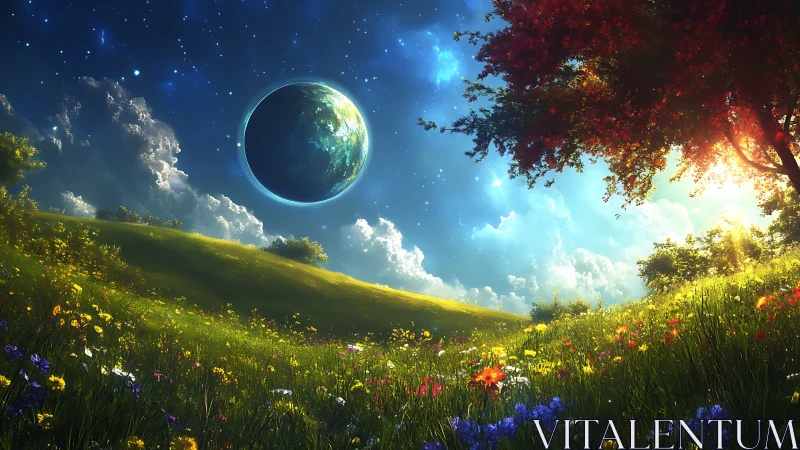 Planetary sky appears above illuminated flowered hillside