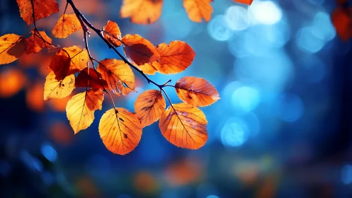Orange leaves hang sharply focused against blue bokeh background