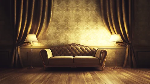 Velvet dusk lingers where the golden sofa holds court softly