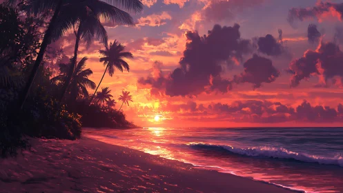 Glow of a tropical sunset wrapping a quiet palm beach.