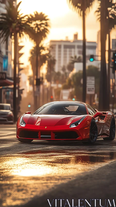 Red supercar cruising through golden city sunset streets.