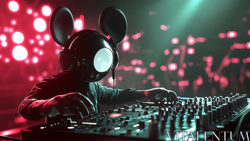 DJ in mouse-ears helmet mixing on neon lit nightclub stage.