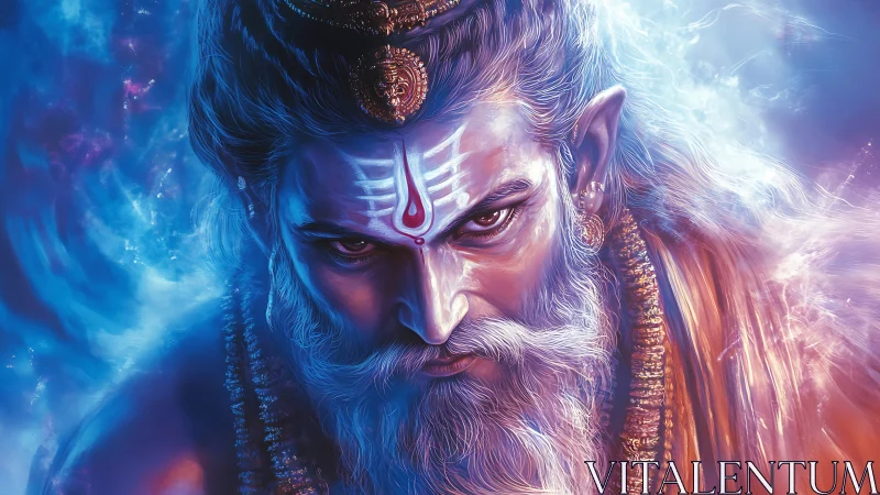 Majestic blue sage gazes forward with calm, fierce focus