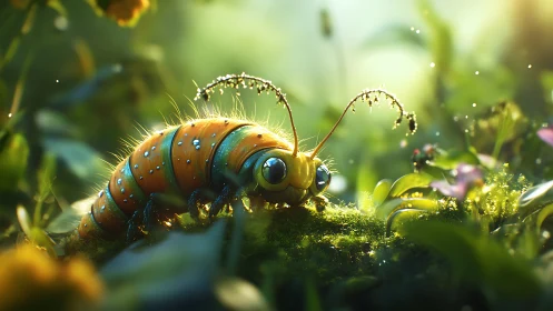 Bioluminescent caterpillar explores mossy forest floor at dawn