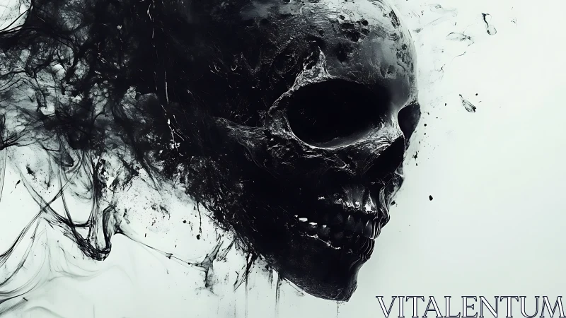 Liquid black skull dissolves into abstract ink turbulence