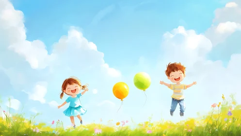 Children with Balloons in Sunlit Meadow Against Cumulus Sky