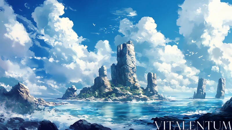 Towering Stone Sentinels: Digital Fantasy Seascape.