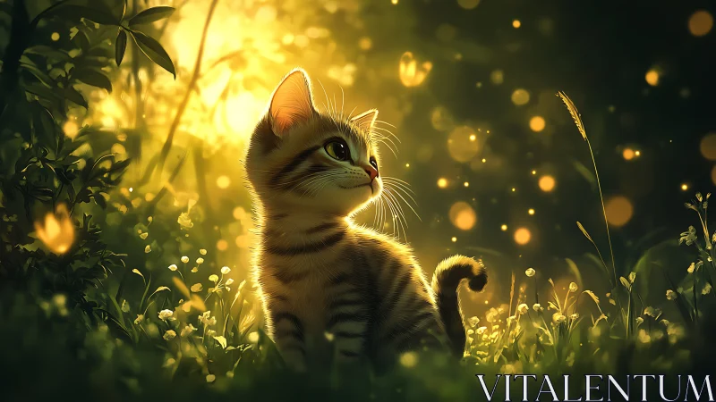 Tabby kitten positioned among luminescent foliage with bokeh lighting effects.