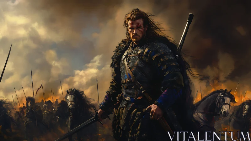 Armored warlord leading cavalry charge through incendiary dusk.