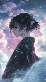 Melancholic girl in kimono drifts through luminous clouds.