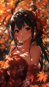 Autumn anime portrait with warm bokeh and maple foliage focus.