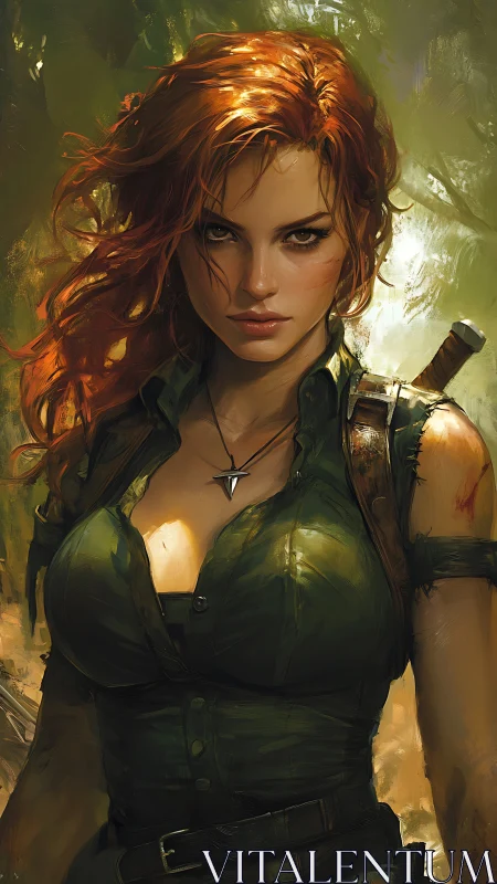 Red-haired adventurer stands armed in dense forest light