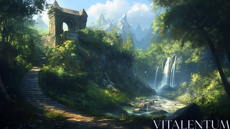 Digital painting of ruined archway above luminous falls.