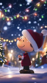 Cartoon child stands in snowy street under hanging lights