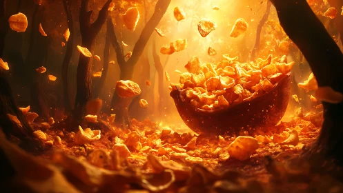 Golden snack chips vortex swirling through glowing forest grove
