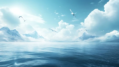 Gentle arctic sea opens under soaring birds and bright clouds