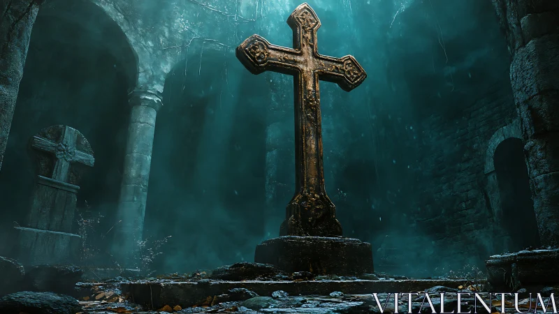 Monolithic stone cross dominates a mist-laden crypt interior