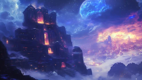 Towering luminescent citadel above neon cloud city at dusk.