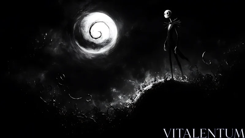 Skeletal figure under spiral moon on dark twisted hill.