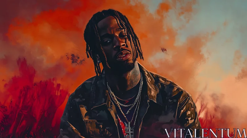 Digital portrait of man in camouflage jacket before orange sky.