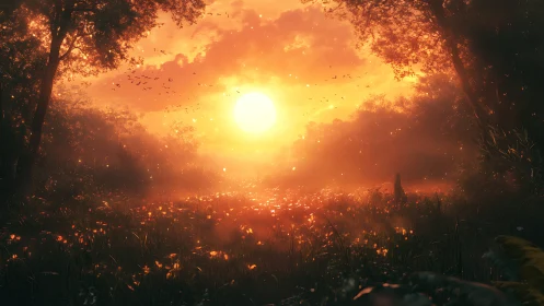 Volumetric sunset bloom over refractive meadow ecology.