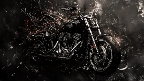 Custom black motorcycle with winged abstract energy backdrop.