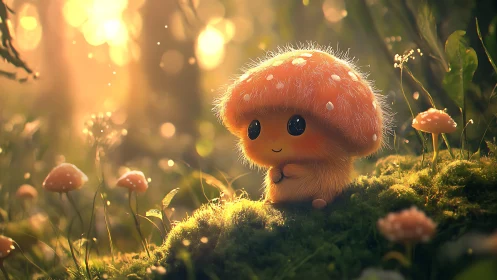 Small anthropomorphic mushroom creature in forest clearing.