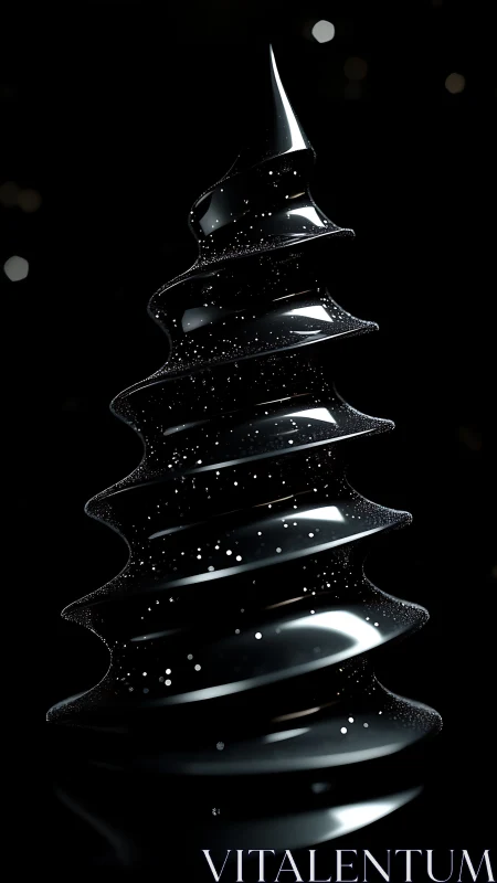 Glossy black spiral tree form with suspended light particles.