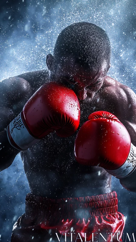 Boxer in Red Gloves Delivers Powerful Punch.
