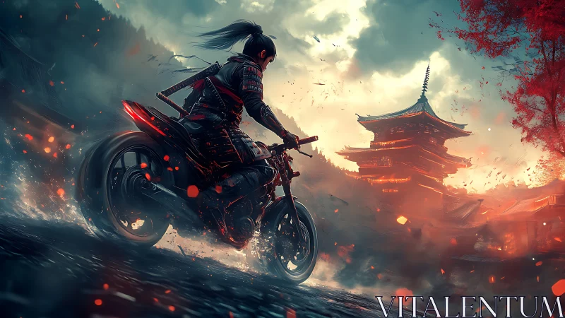 Cyber samurai rider storms neon temple landscape at dusk.
