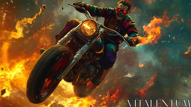 Motorcyclist with flaming backdrop in stylized urban chaos.