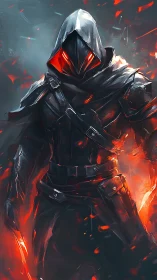 Hooded infernal assassin amid swirling ember storm.