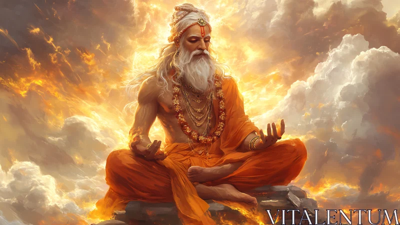 Seated robed elder meditates amid dense illuminated clouds