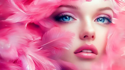 Pink feathers frame stylized blue eyed female portrait.