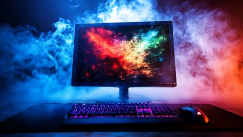 Colorful gaming setup glowing in dramatic swirling light.